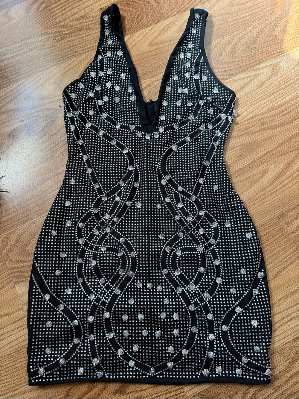 AKIRA Black Rhinestone-Studded V-Neck Mini Dress